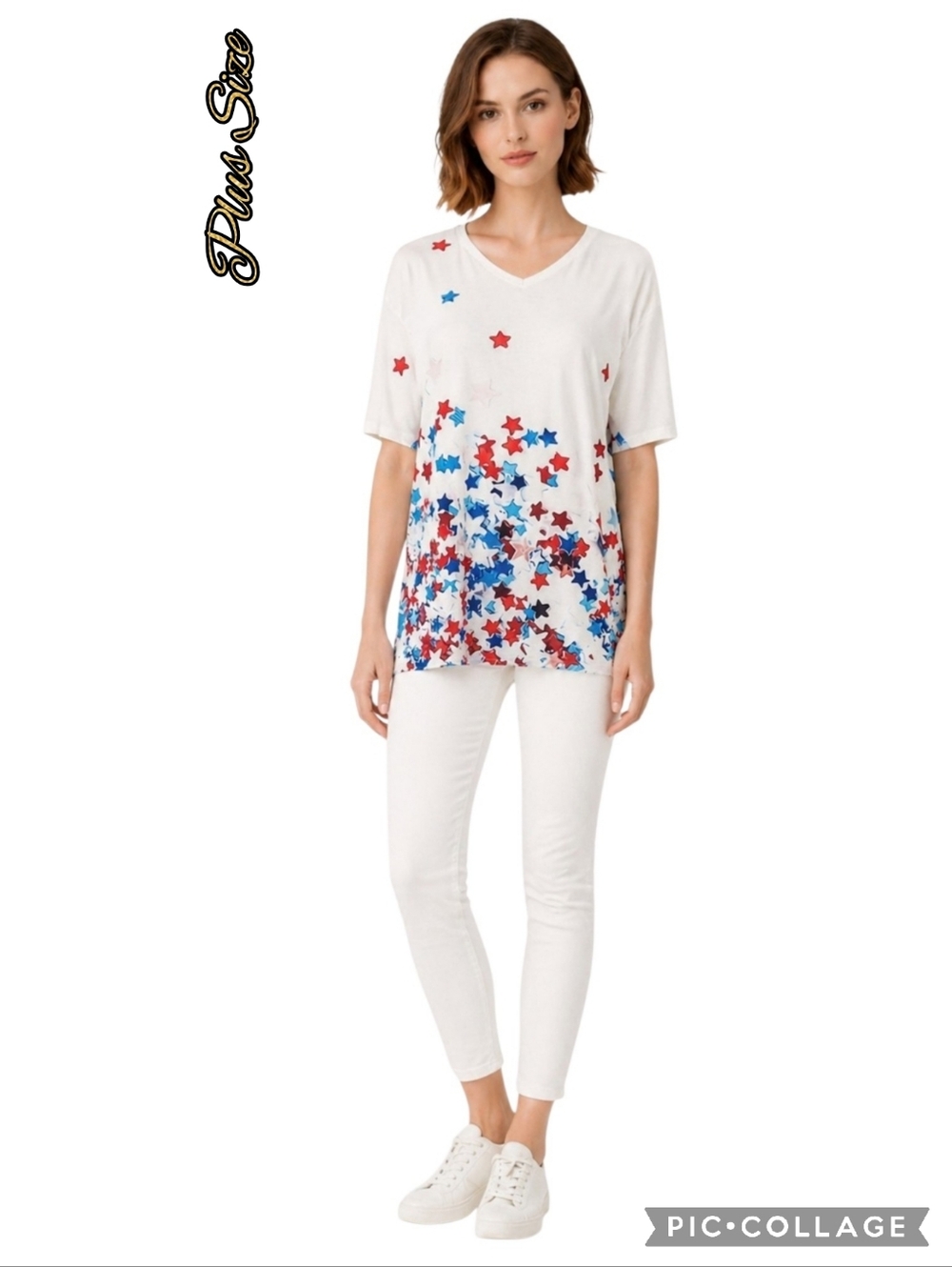 Patriotic white v-neck red white & blue star print soft fabric women’s top - Picture 7 of 11